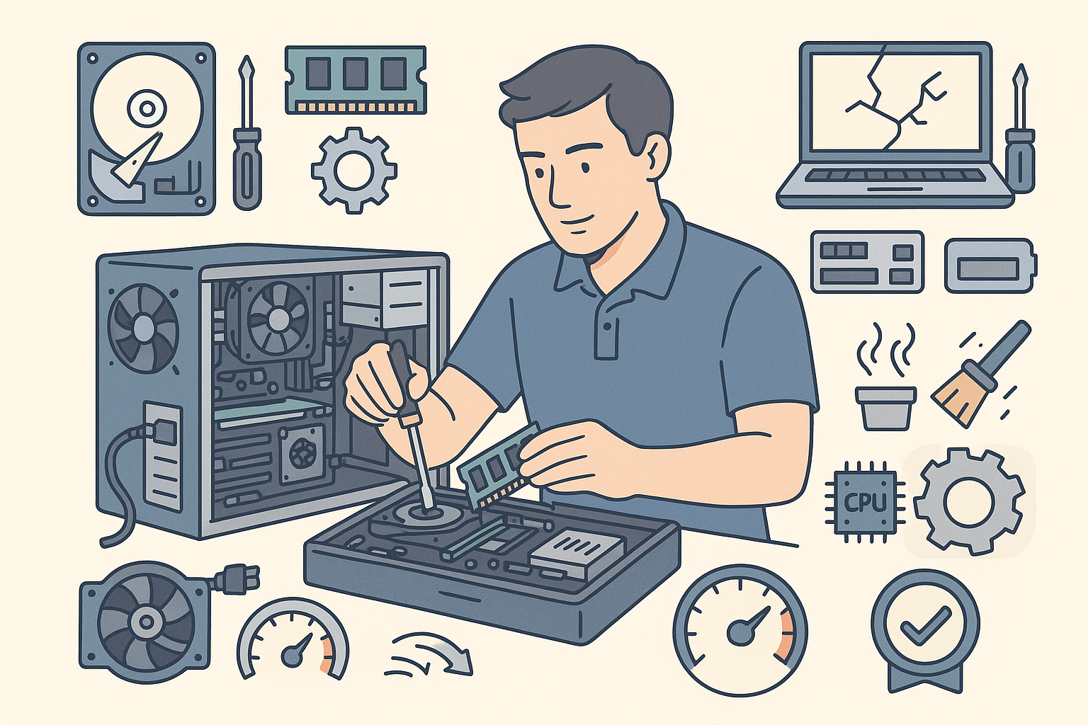 Popravilo strojne opreme, menjava komponent, čiščenje računalnika in servis prenosnikov